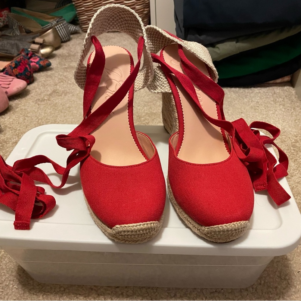NWOT J. Crew Red Espadrille Wedges Sz 7.5